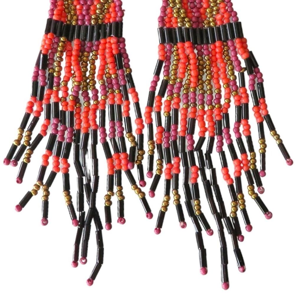 Boho Handmade OOAK Beaded Hanging Earrings Long Lightweight Pink Orange Black - Picture 6 of 10